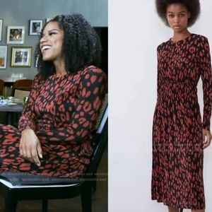 Zara Pleated Accordion Long Sleeve Midi Dress Black Red Animal Print